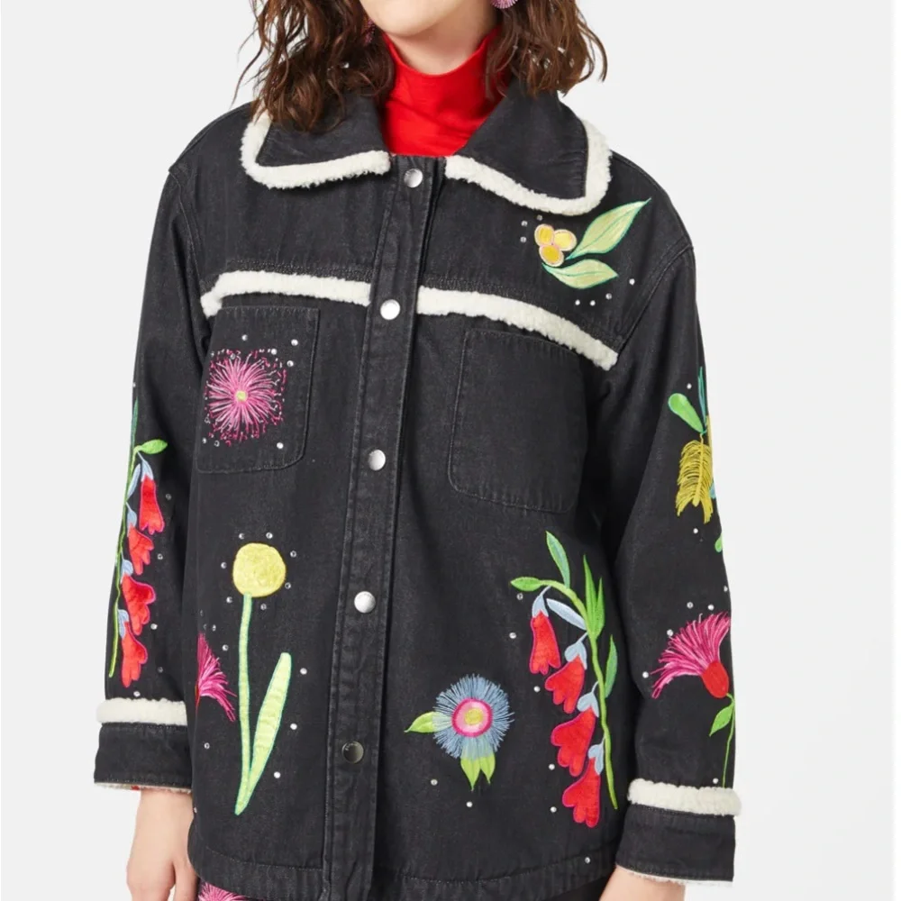 Gorman Black Denim Sherpa Lined Jacket with Floral Embroidery - Picture 1 of 7